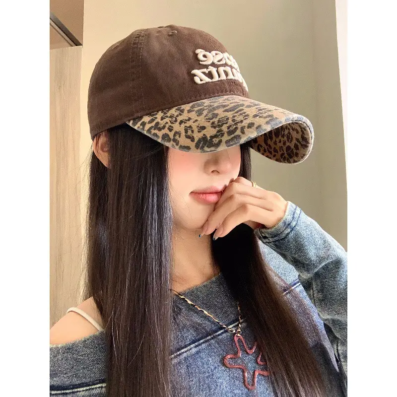 Women Letter Embroidered Leopard Cap Wide Brim
