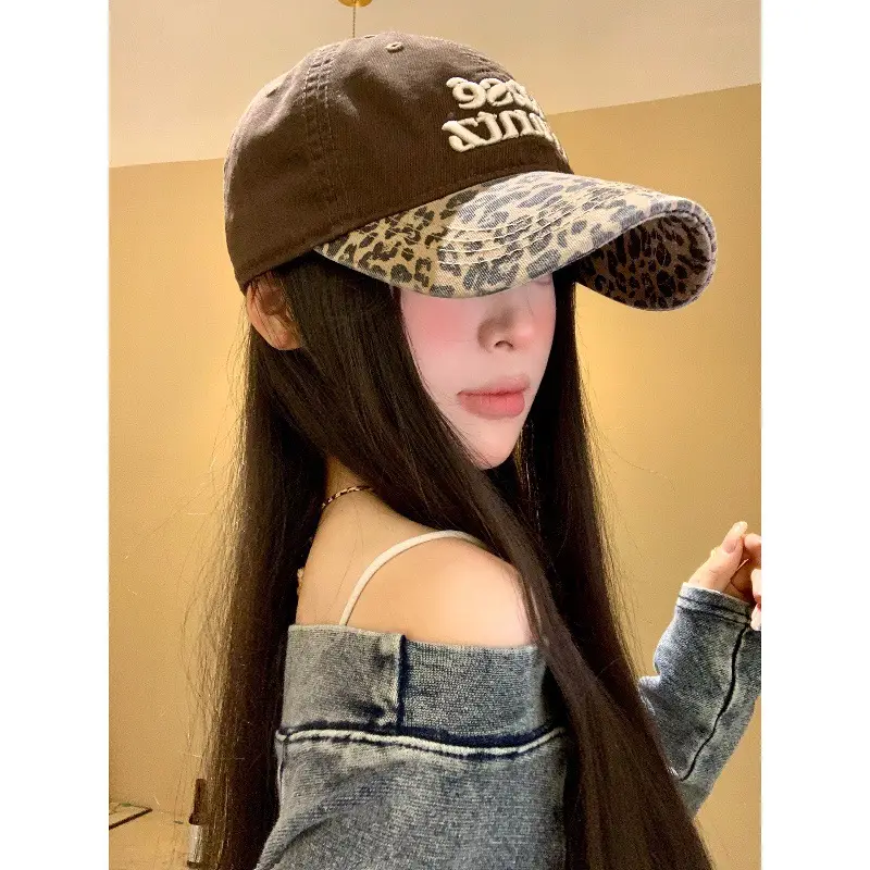 Women Letter Embroidered Leopard Cap Wide Brim