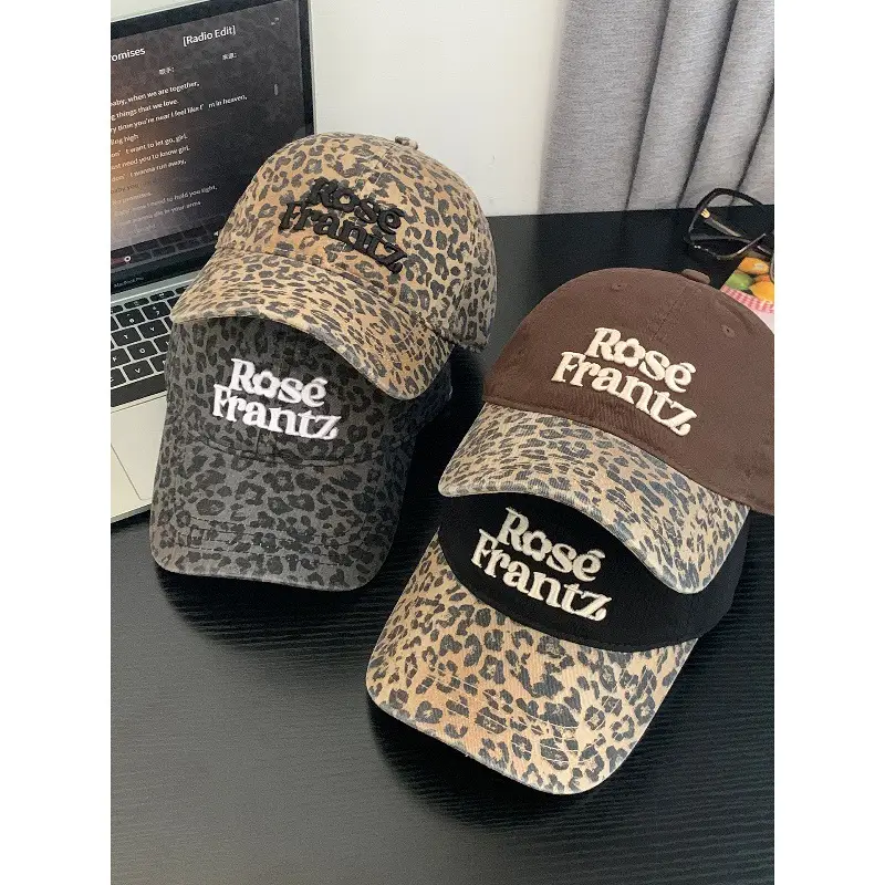 Women Letter Embroidered Leopard Cap Wide Brim