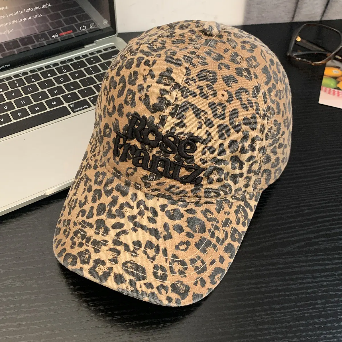 Women Letter Embroidered Leopard Cap Wide Brim