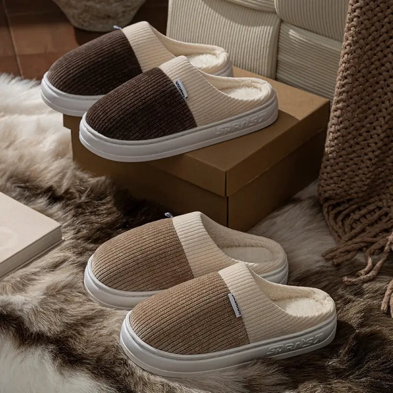 Non-Slip Thick-Soled Cotton Slippers for Women in Autumn and Winter Indoor Home with Poop Feeling Fleece-Lined Warm Silent Furry Slippers for Men - Image 7