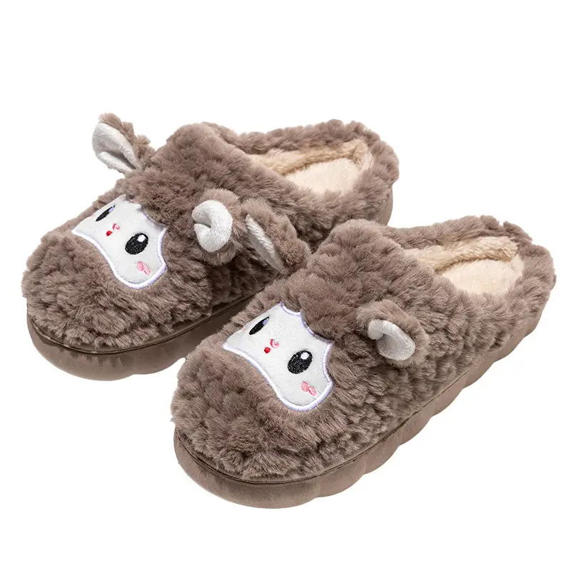 Cartoon Sheep Cotton Slippers for Indoor Home Use, Couple's Warm Plush Thick-Soled Slippers with a Stepping-On-Clouds Feel, Suitable for Autumn and Winter Postpartum Use