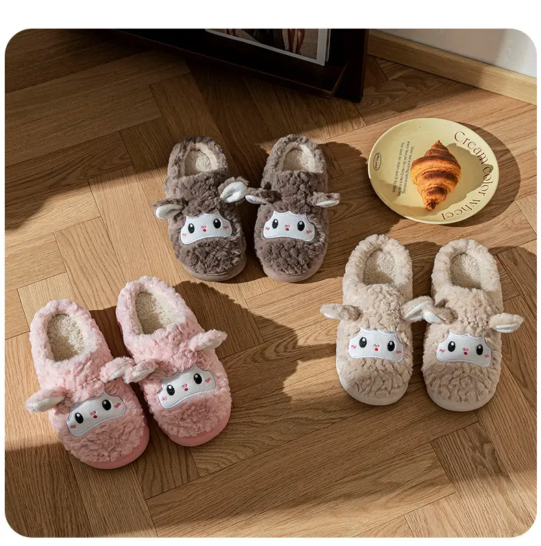 Cartoon Sheep Cotton Slippers for Indoor Home Use, Couple's Warm Plush Thick-Soled Slippers with a Stepping-On-Clouds Feel, Suitable for Autumn and Winter Postpartum Use — feature 12