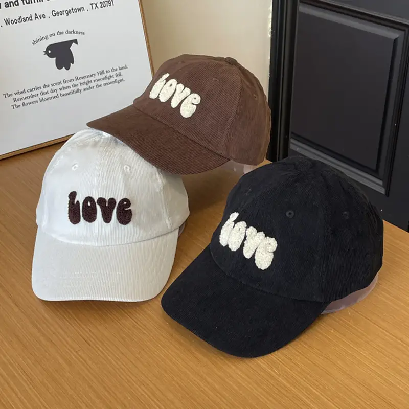Warm Corduroy Love Cap for Women Men Brown — feature 1