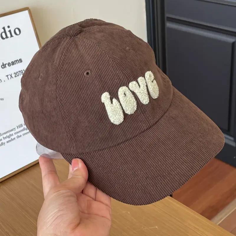 Warm Corduroy Love Cap for Women Men Brown — feature 17