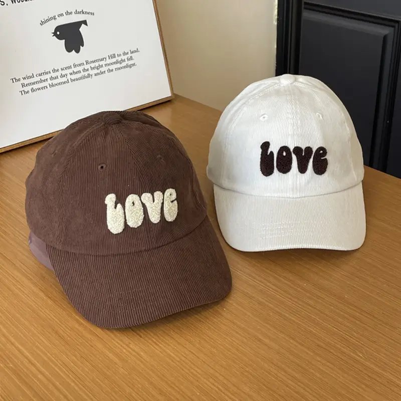 Warm Corduroy Love Cap for Women Men Brown — feature 3