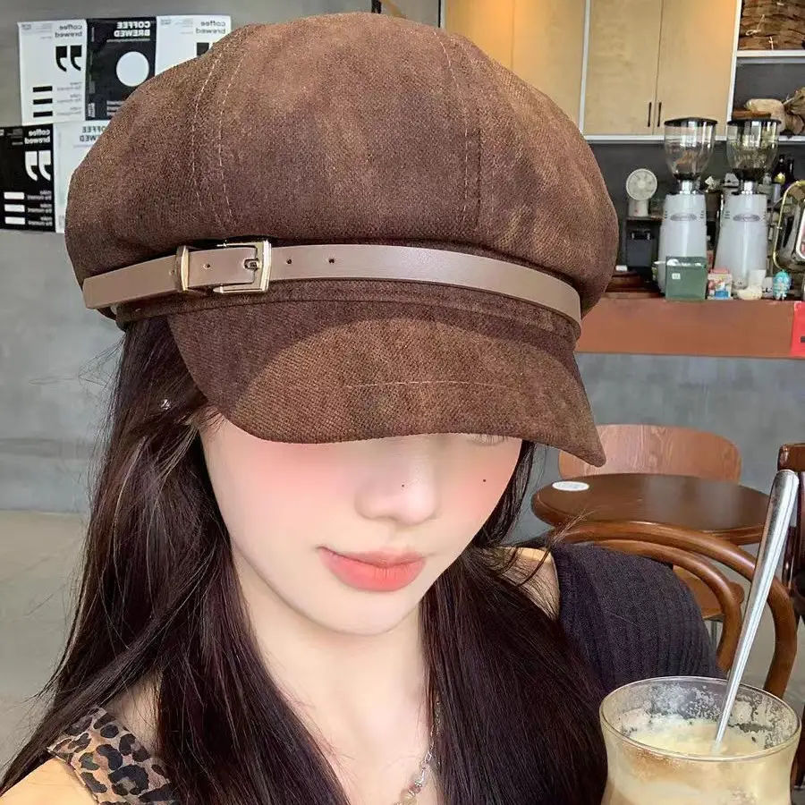 Vintage Suede Beret with Large Cap Dark Brown - Image 6