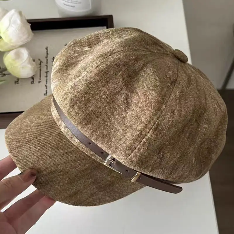 Vintage Suede Beret with Large Cap Dark Brown — feature 11