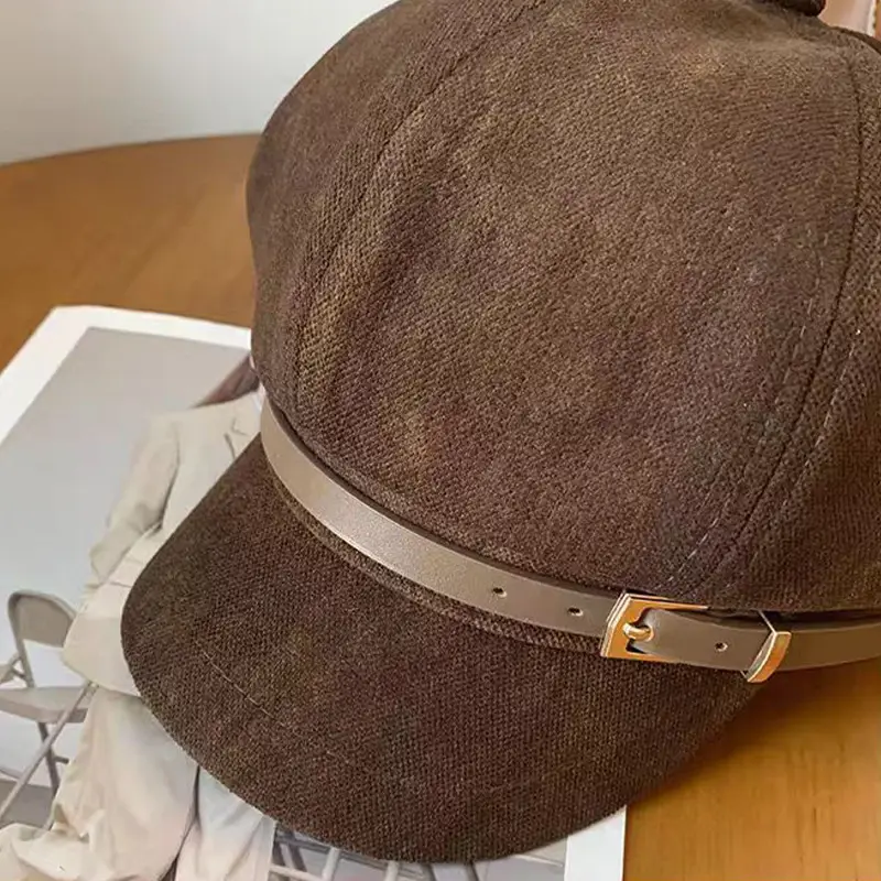 Vintage Suede Beret with Large Cap Dark Brown — feature 12