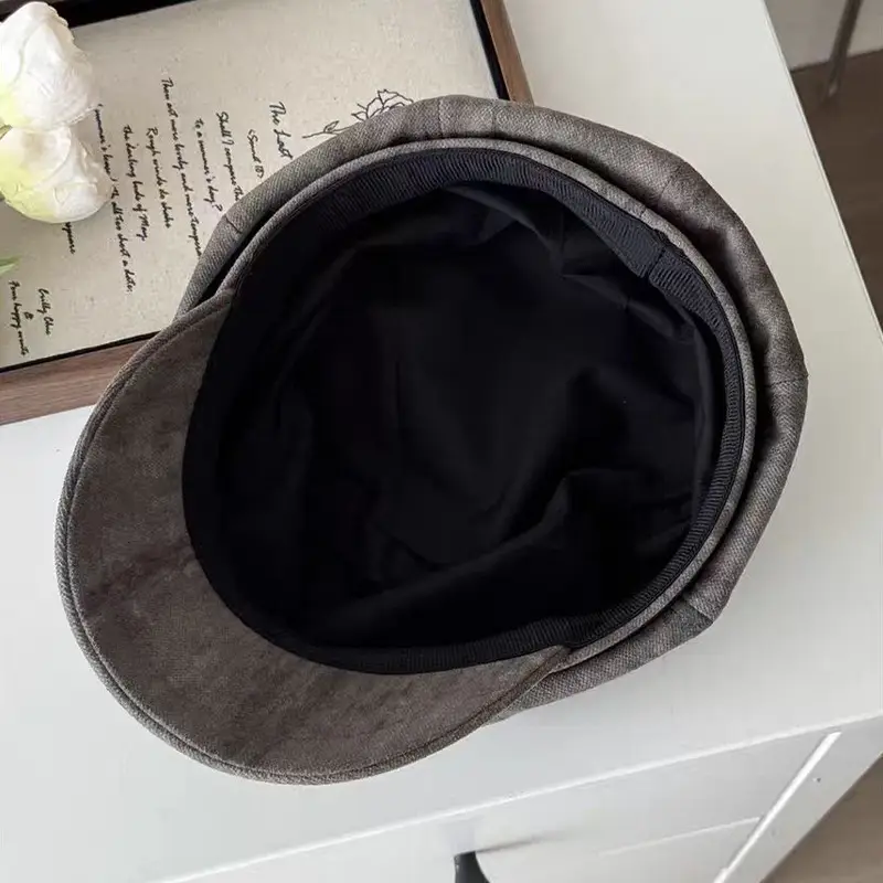 Vintage Suede Beret with Large Cap Dark Brown — feature 13