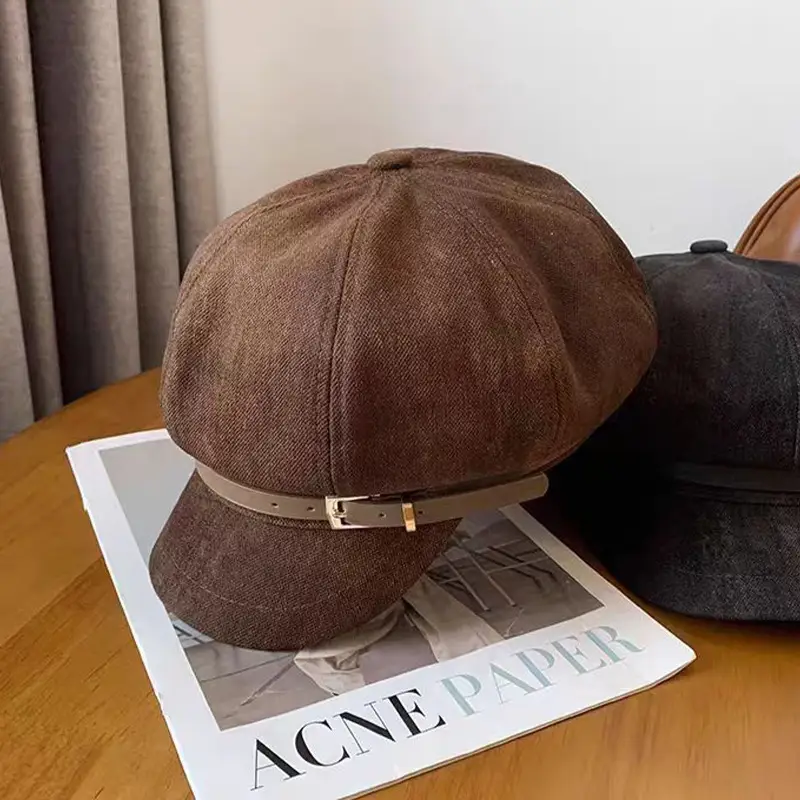 Vintage Suede Beret with Large Cap Dark Brown — feature 7