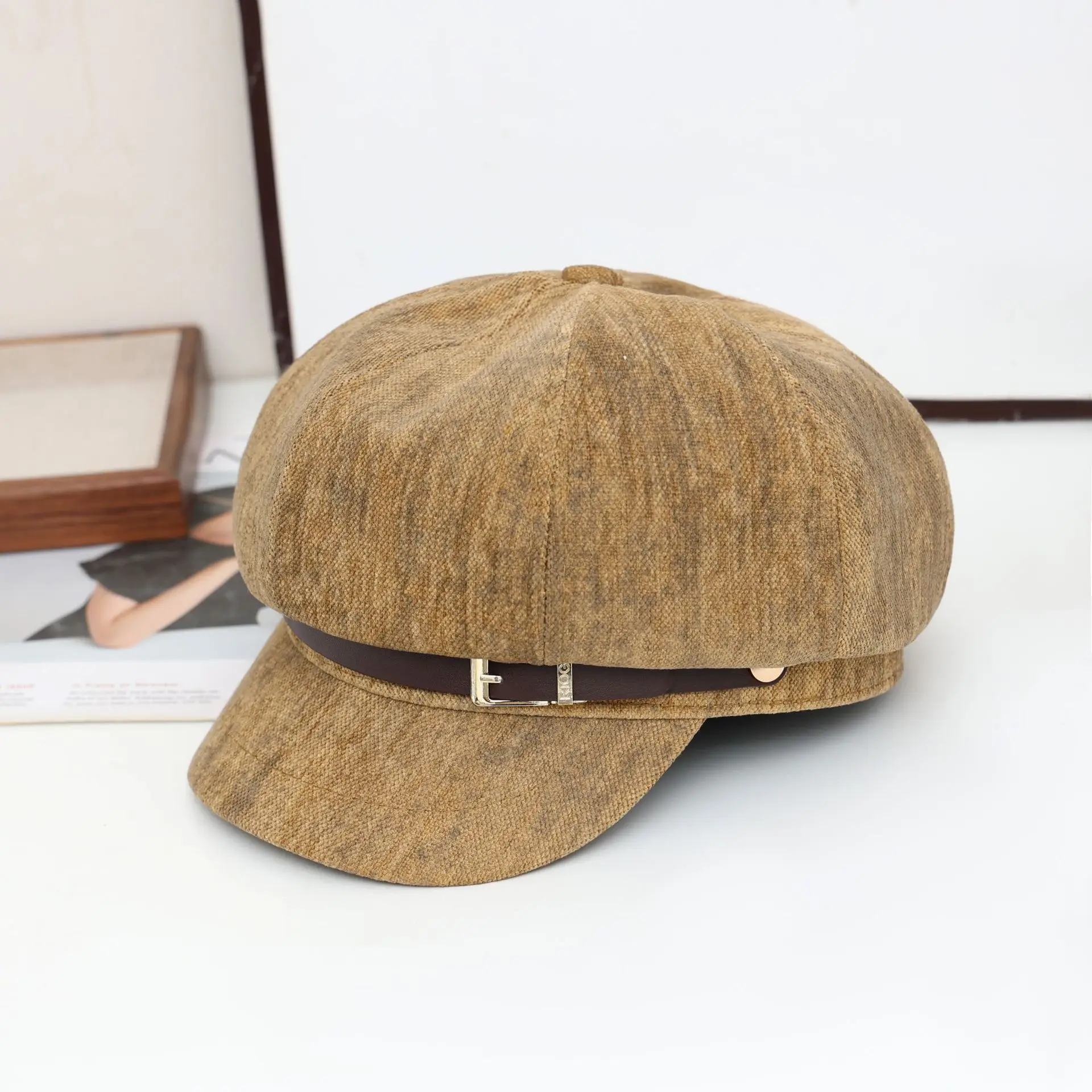 Vintage Suede Beret with Large Cap Dark Brown - Image 3