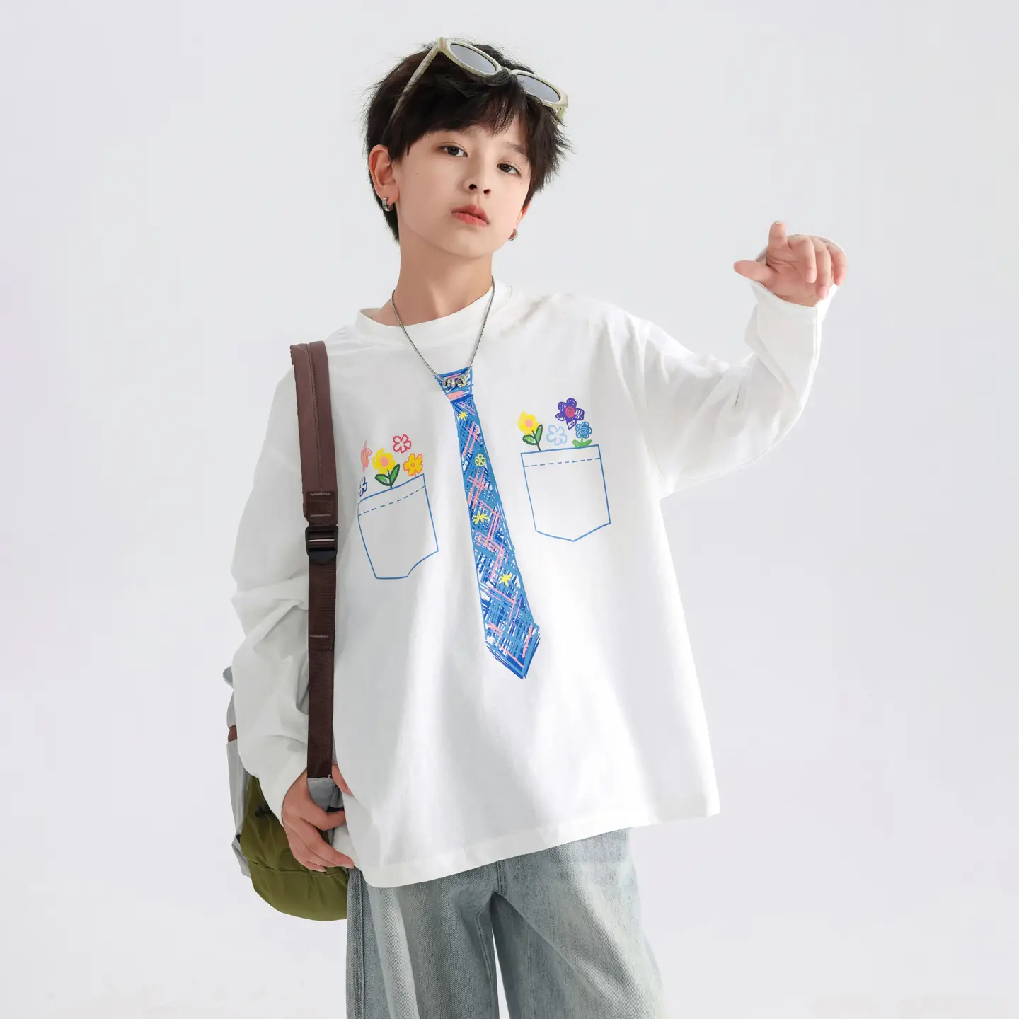 Boys White Tie Graffiti Long Sleeve T-Shirt 2025