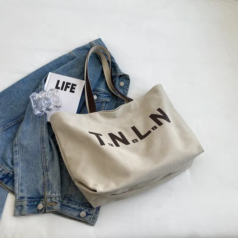 Women's Tan Canvas Shoulder Bag with Large Capacity - Image 3