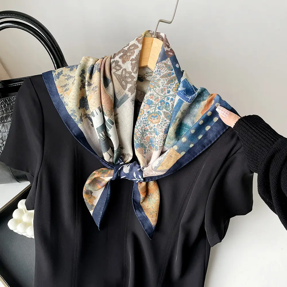 Silk Scarf with Retro Print for Women Autumn Winter - Image 16