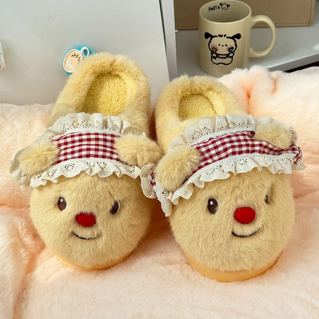 Qidan Shoe Factory Cartoon Cotton Slippers Women's Cute Bear Home Indoor Plush Warm Anti-Slip Furry Slippers Women - Image 3