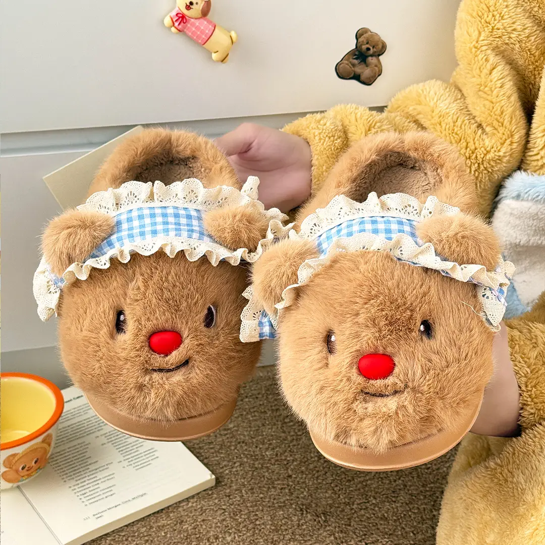 Qidan Shoe Factory Cartoon Cotton Slippers Women's Cute Bear Home Indoor Plush Warm Anti-Slip Furry Slippers Women - Image 4