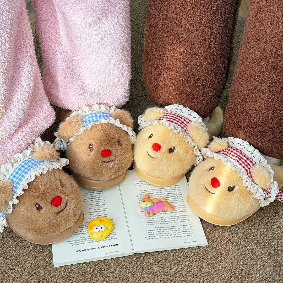 Qidan Shoe Factory Cartoon Cotton Slippers Women's Cute Bear Home Indoor Plush Warm Anti-Slip Furry Slippers Women - Image 5