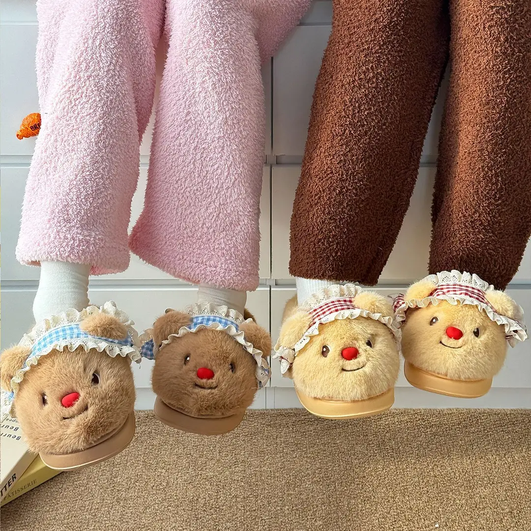 Qidan Shoe Factory Cartoon Cotton Slippers Women's Cute Bear Home Indoor Plush Warm Anti-Slip Furry Slippers Women - Image 6