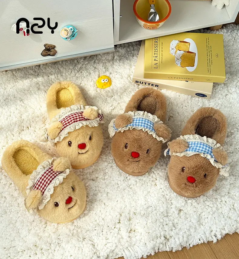 Qidan Shoe Factory Cartoon Cotton Slippers Women's Cute Bear Home Indoor Plush Warm Anti-Slip Furry Slippers Women — feature 1