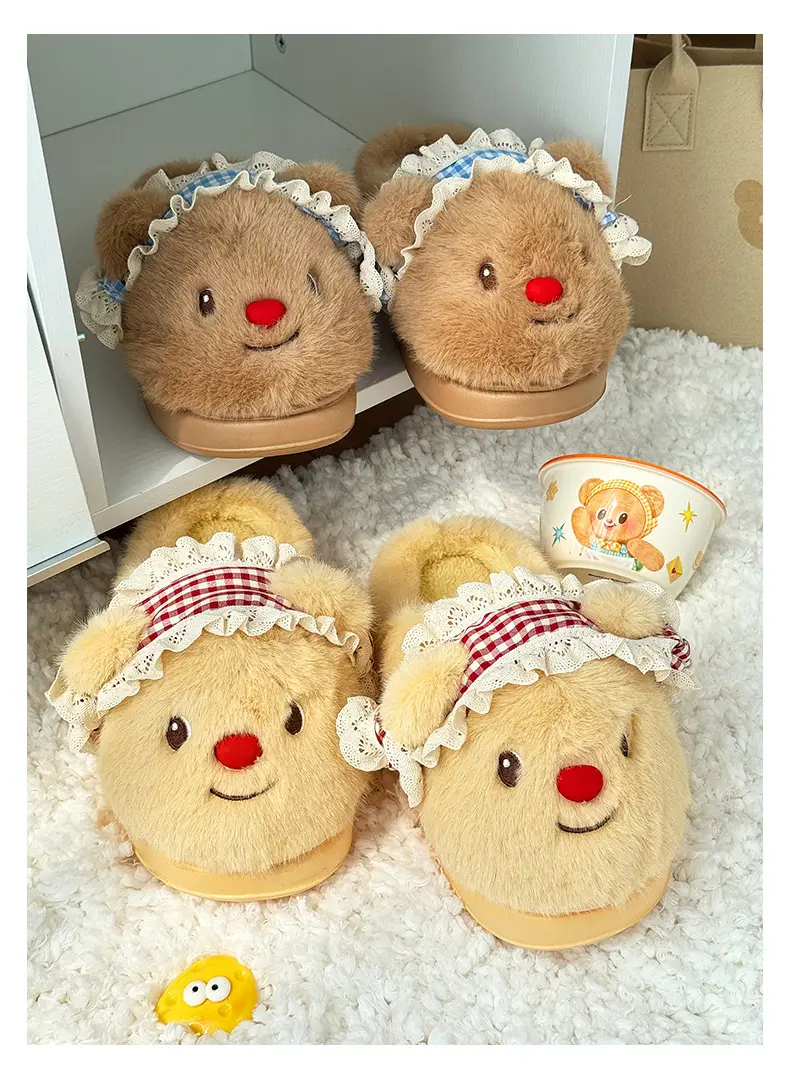 Qidan Shoe Factory Cartoon Cotton Slippers Women's Cute Bear Home Indoor Plush Warm Anti-Slip Furry Slippers Women — feature 8