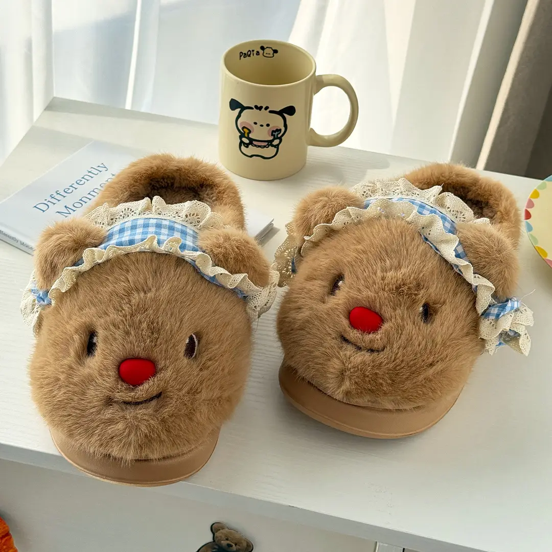 Qidan Shoe Factory Cartoon Cotton Slippers Women's Cute Bear Home Indoor Plush Warm Anti-Slip Furry Slippers Women - Image 2