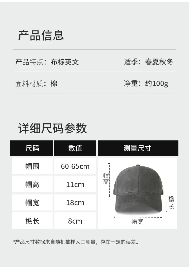 Men Baseball Cap Deep Gray Patch Label Large Circumference — feature 3