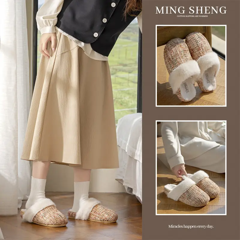 Baotou Cotton Slippers for Women Winter New Style Small Fragrance Home Warm Home Plush Non-Slip Floor Mop Cotton Slippers Wholesale