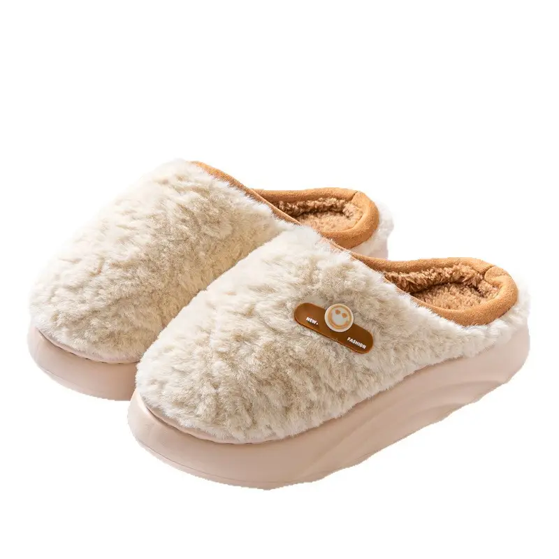 Korean Style Simple Smiling Face Home Cotton Slippers High Quality Lamb Velvet Slippers for Girls Autumn and Winter Thick Sole Non-Slip