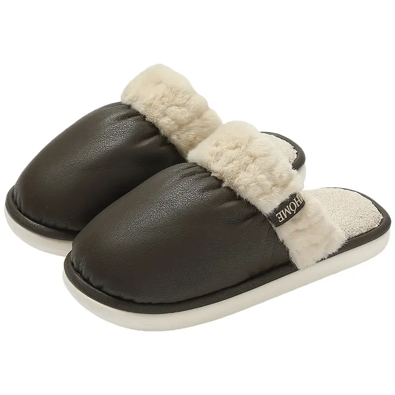 Pu Cotton Slippers for Women in Winter, Plush Plush Warm Indoor Home Household Men's Winter Waterproof Cotton Slippers for Men