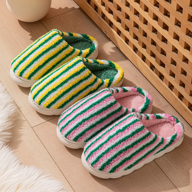 2025 New Pumpkin Striped Women's Cotton Shoes Autumn and Winter Indoor Home Warm and Plaid Stuffed Home Men's Cotton Slippers