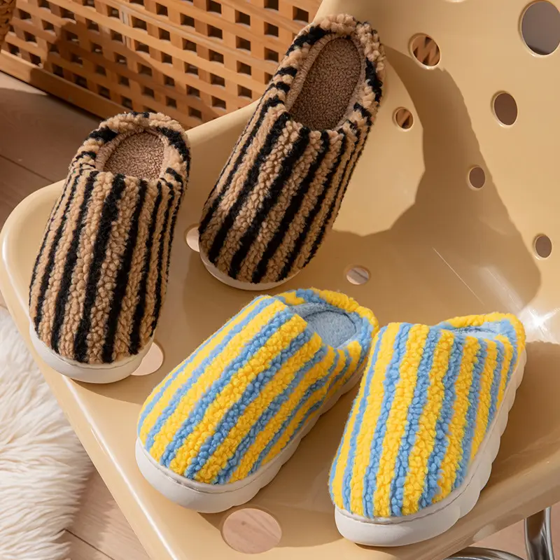 2025 New Pumpkin Striped Women's Cotton Shoes Autumn and Winter Indoor Home Warm and Plaid Stuffed Home Men's Cotton Slippers