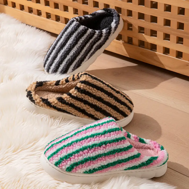 2025 New Pumpkin Striped Women's Cotton Shoes Autumn and Winter Indoor Home Warm and Plaid Stuffed Home Men's Cotton Slippers