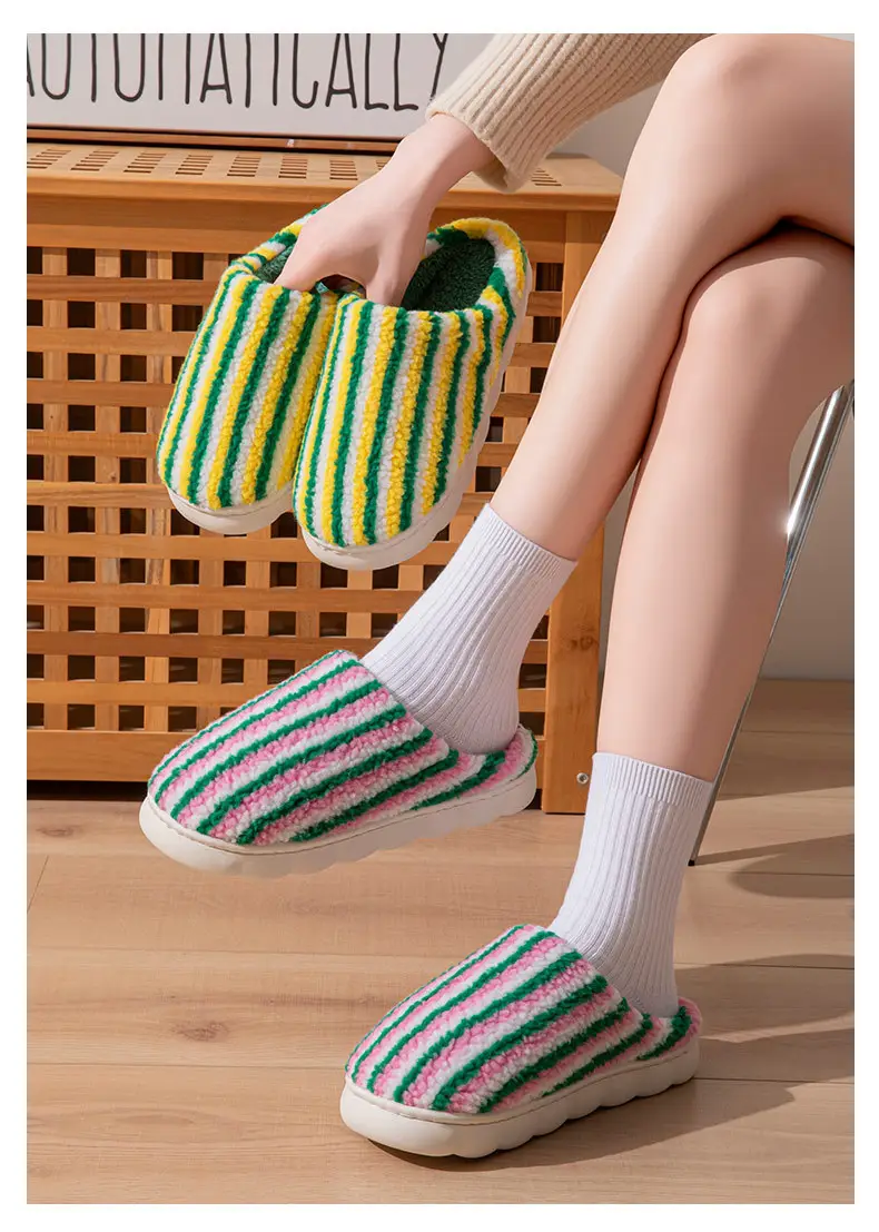 2025 New Pumpkin Striped Women's Cotton Shoes Autumn and Winter Indoor Home Warm and Plaid Stuffed Home Men's Cotton Slippers — feature 12