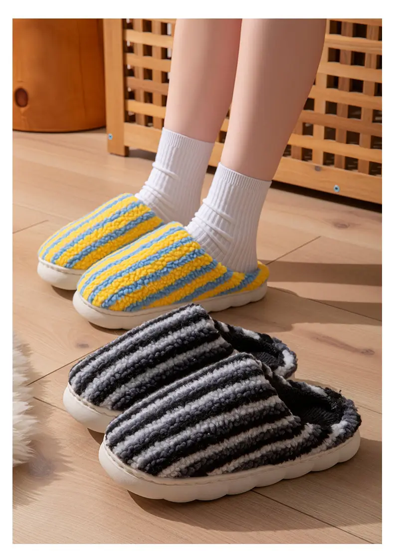 2025 New Pumpkin Striped Women's Cotton Shoes Autumn and Winter Indoor Home Warm and Plaid Stuffed Home Men's Cotton Slippers — feature 13