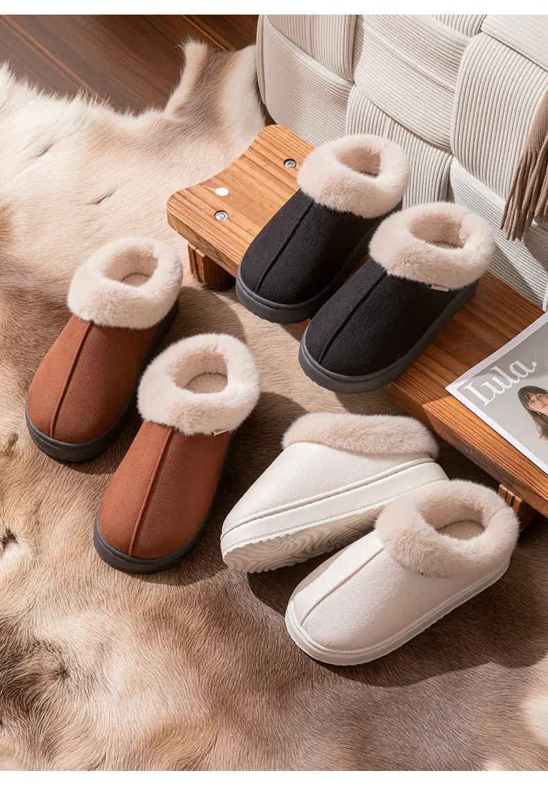 New Plush Cotton Slippers for Women in Winter Indoor Home Warm Fleece-Lined Anti-Slip Bag and Outer Wear Thick-Soled Slippers for Men in Autumn and Winter — feature 3