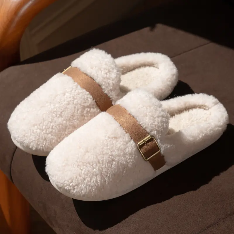 New Simple Belt Buckle Versatile Slippers for Women in Autumn and Winter Couples Home Fleece-Lined Warm Non-Slip Cotton Slippers for Men - Image 4