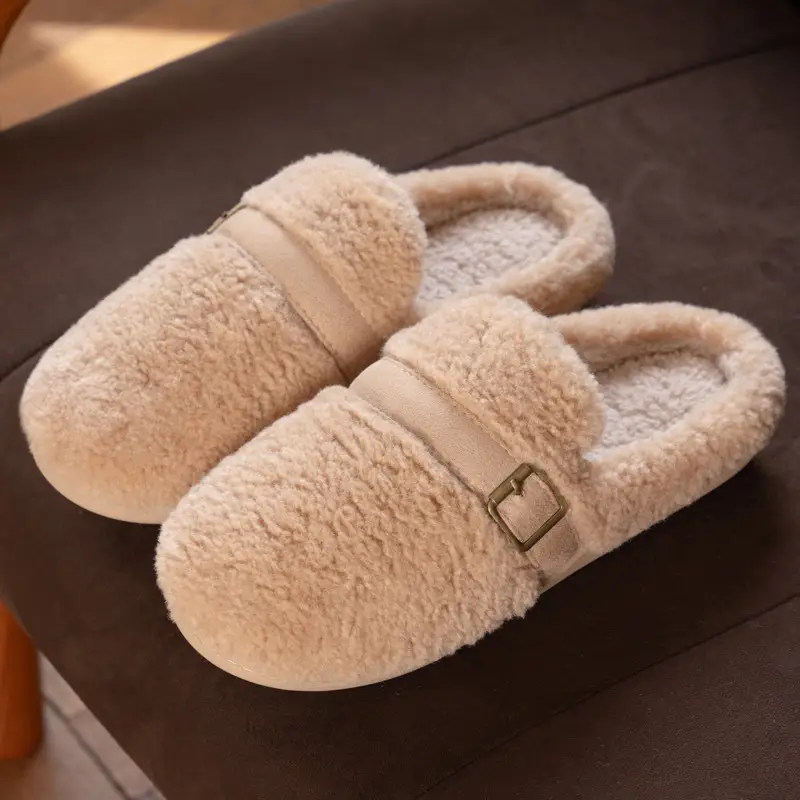 New Simple Belt Buckle Versatile Slippers for Women in Autumn and Winter Couples Home Fleece-Lined Warm Non-Slip Cotton Slippers for Men - Image 5