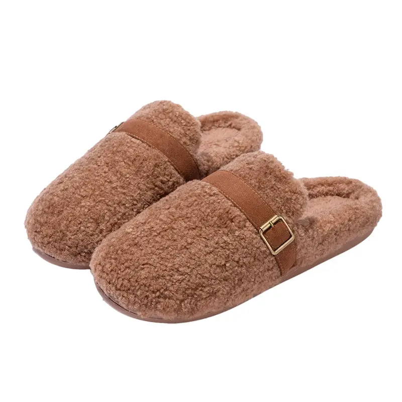 New Simple Belt Buckle Versatile Slippers for Women in Autumn and Winter Couples Home Fleece-Lined Warm Non-Slip Cotton Slippers for Men - Image 3