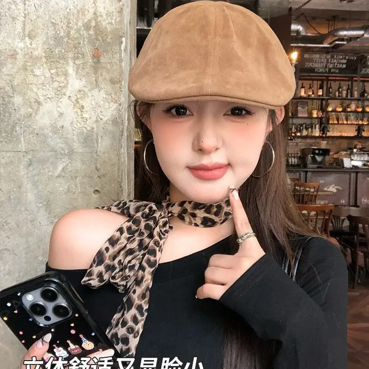 Women's American Retro Suede Melard Beret Hat with Large Head Circumference - Image 5