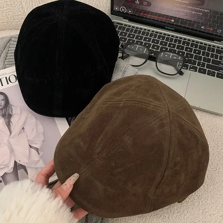 Women's American Retro Suede Melard Beret Hat with Large Head Circumference - Image 6