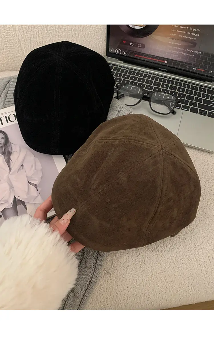 Women's American Retro Suede Melard Beret Hat with Large Head Circumference — feature 10