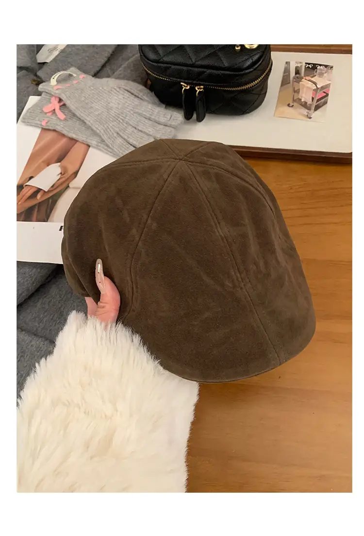 Women's American Retro Suede Melard Beret Hat with Large Head Circumference — feature 11
