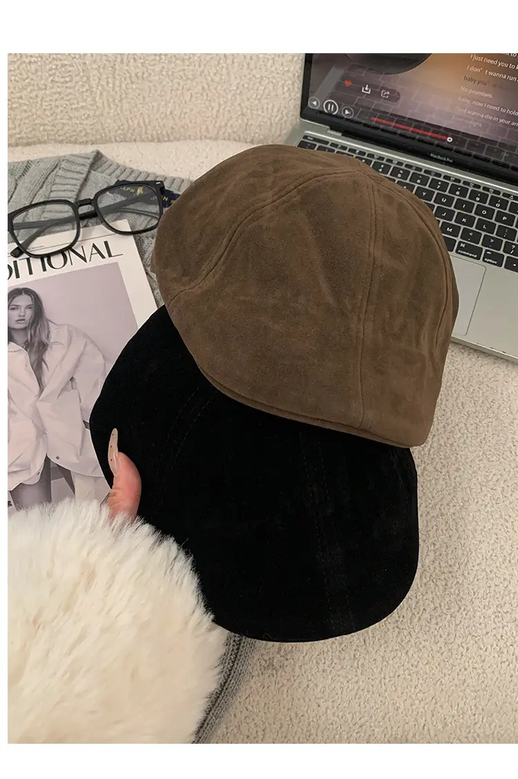 Women's American Retro Suede Melard Beret Hat with Large Head Circumference — feature 12