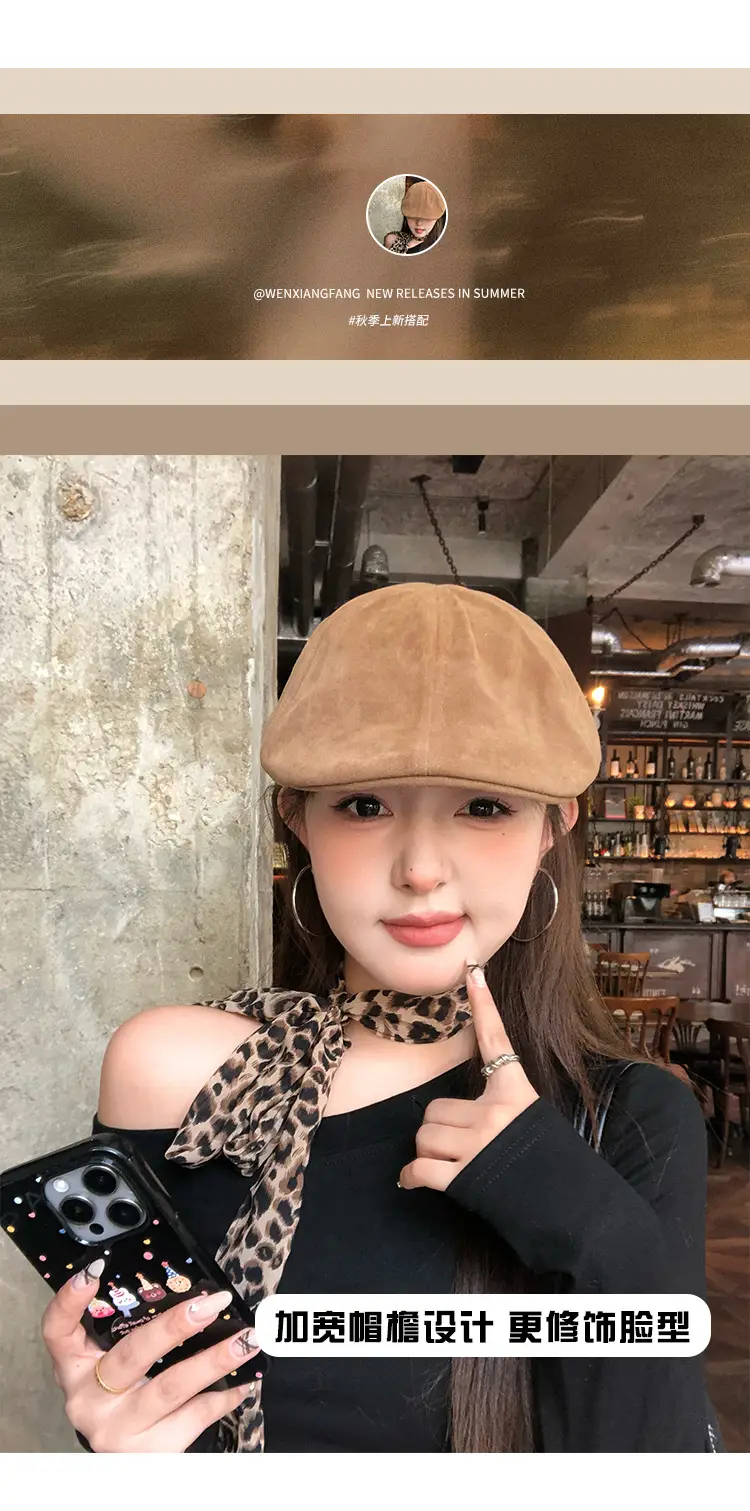 Women's American Retro Suede Melard Beret Hat with Large Head Circumference — feature 3