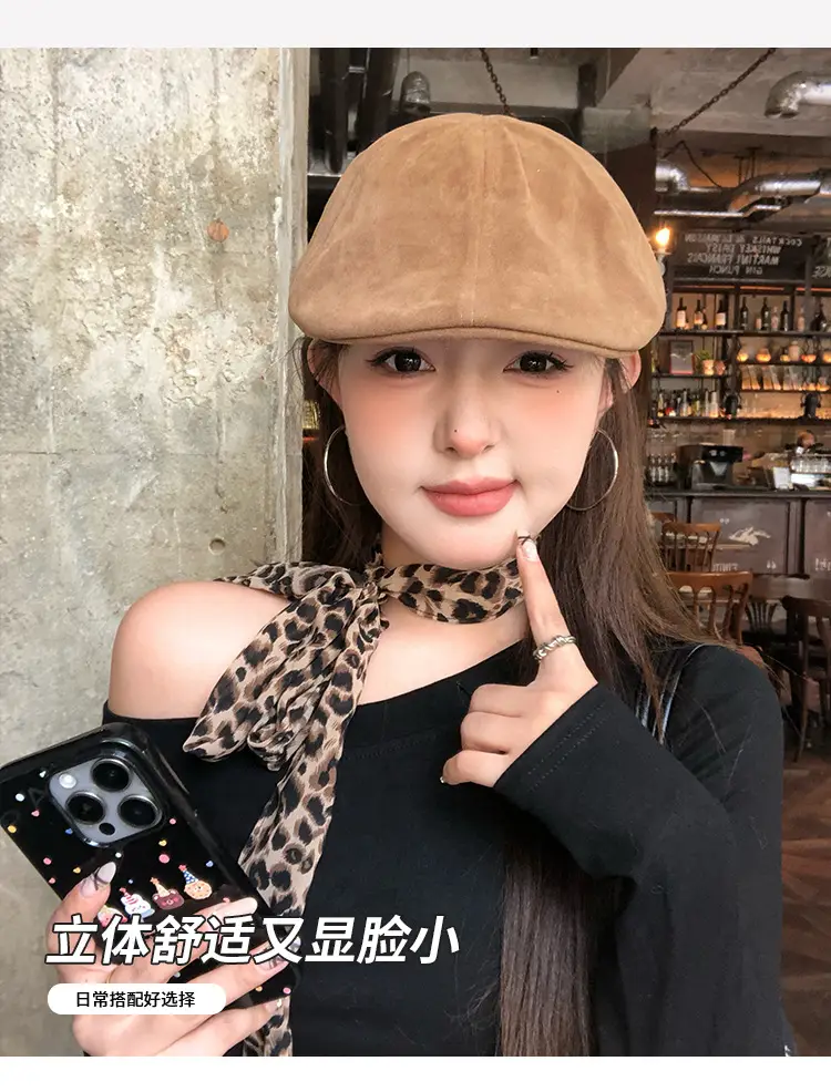 Women's American Retro Suede Melard Beret Hat with Large Head Circumference — feature 6