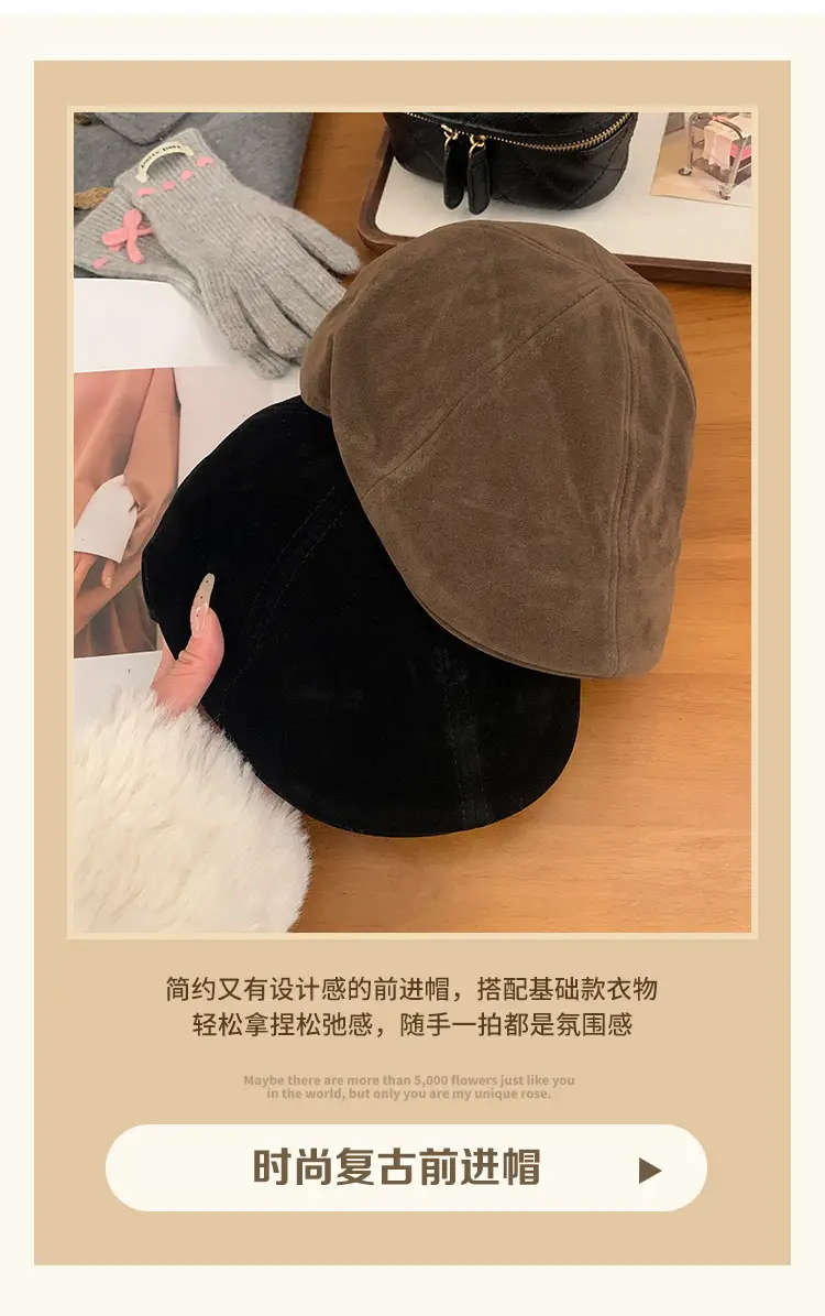 Women's American Retro Suede Melard Beret Hat with Large Head Circumference — feature 8