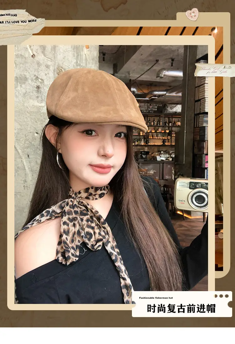 Women's American Retro Suede Melard Beret Hat with Large Head Circumference — feature 9