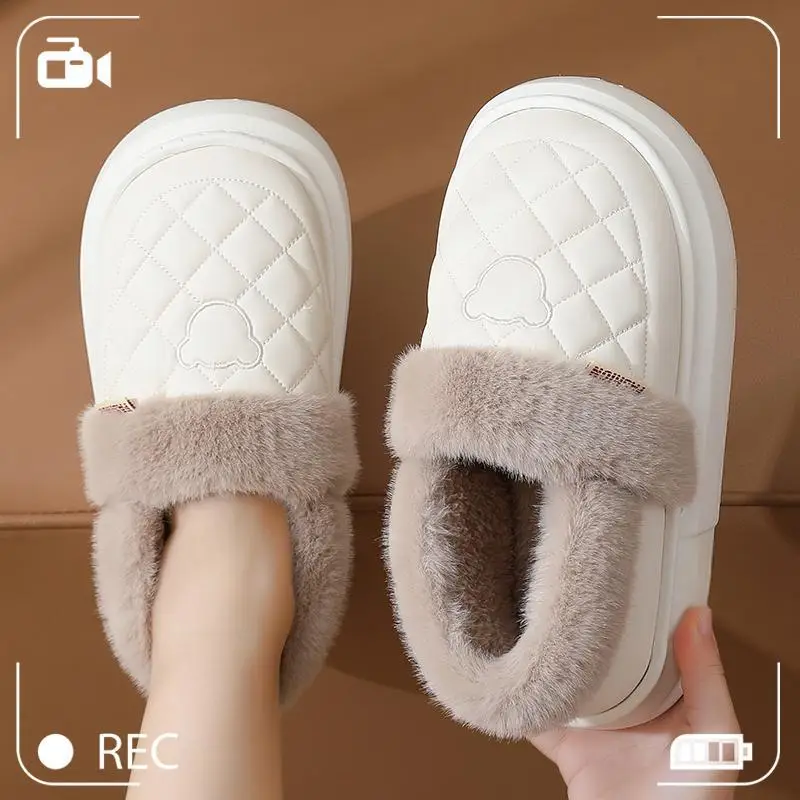 Couple Cotton Slippers for Women 2025 New Autumn and Winter Fleece-Lined Thickeneded Warm Waterproof Fur Collar Bag Heel Confinement Shoes - Image 9