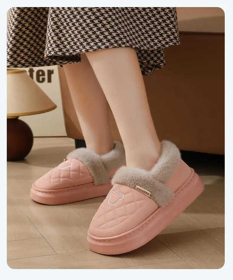 Couple Cotton Slippers for Women 2025 New Autumn and Winter Fleece-Lined Thickeneded Warm Waterproof Fur Collar Bag Heel Confinement Shoes — feature 16